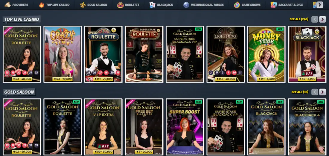 Juegos de casino en vivo de AllySpin y sala de juegos de mesa.